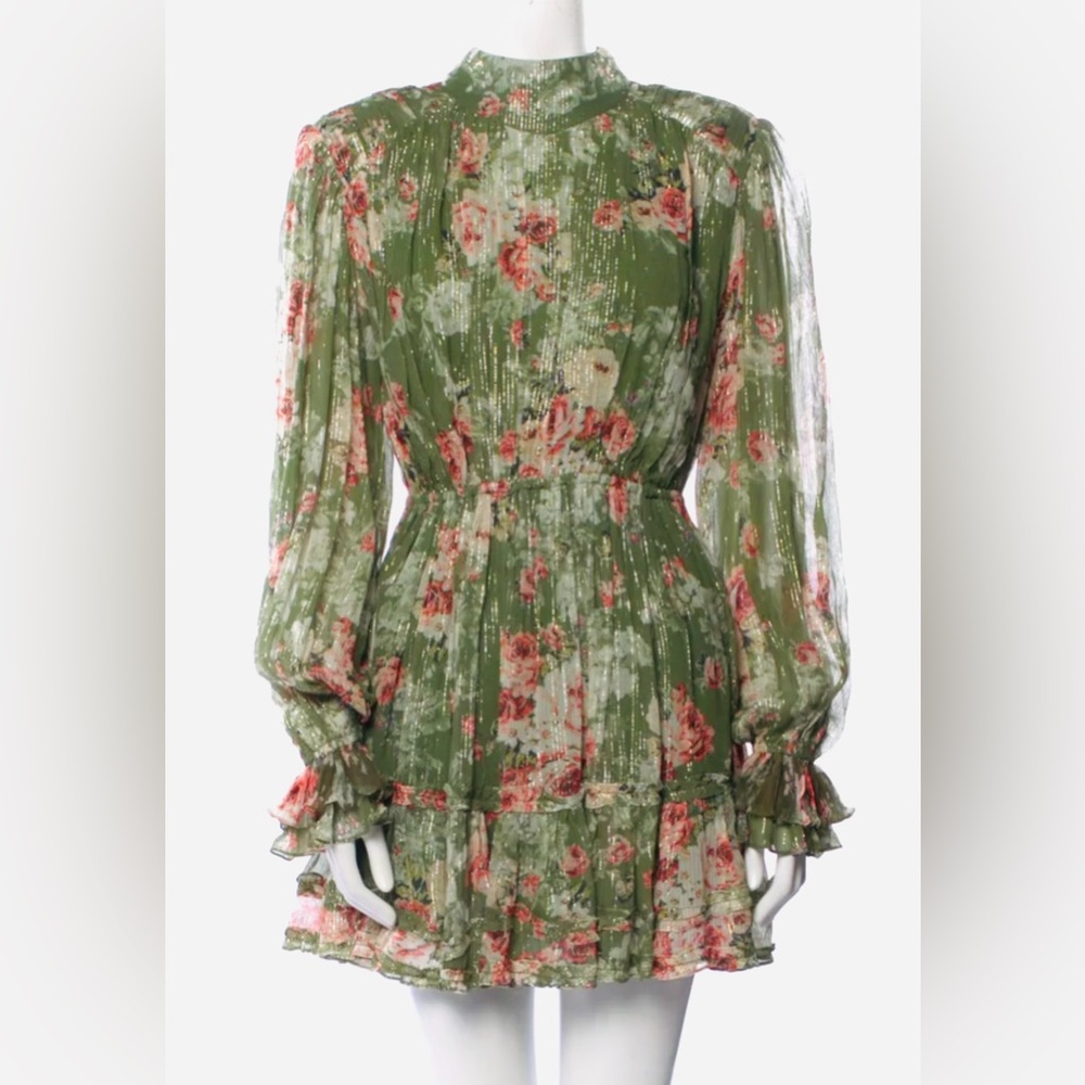 HEMANT & NANDITA Green Floral Mini Dress with Pink Roses